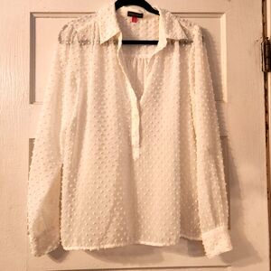 Vince Camuto Blouse, Swiss Dot, White Long Sleeve V-Neck Sheer EUC Sz Medium